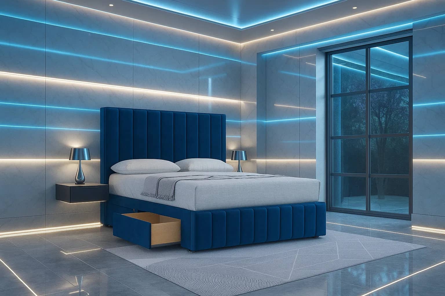 Avenza drawer storage bed in blue velvet