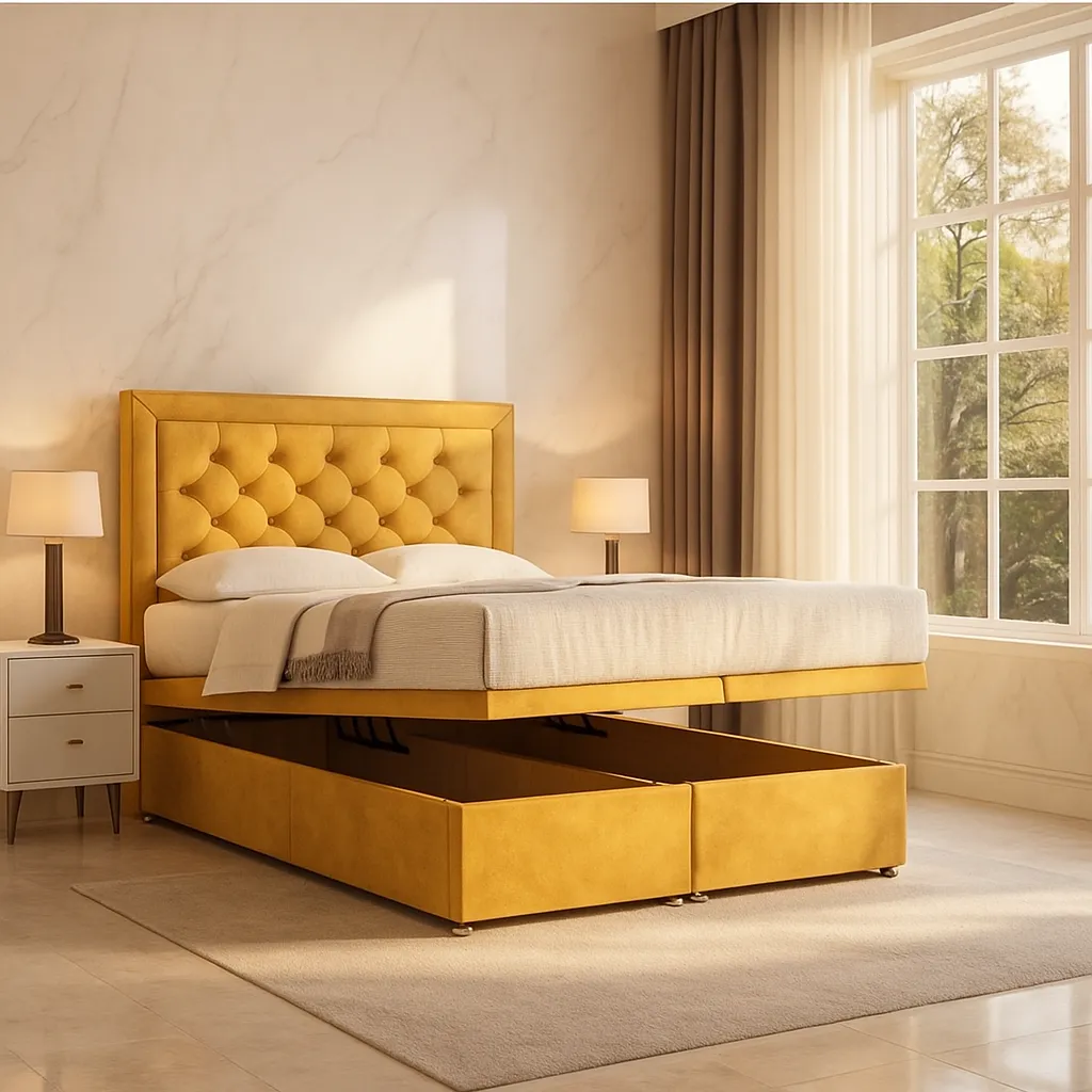 Noliva ottoman bed lifted open to show storage