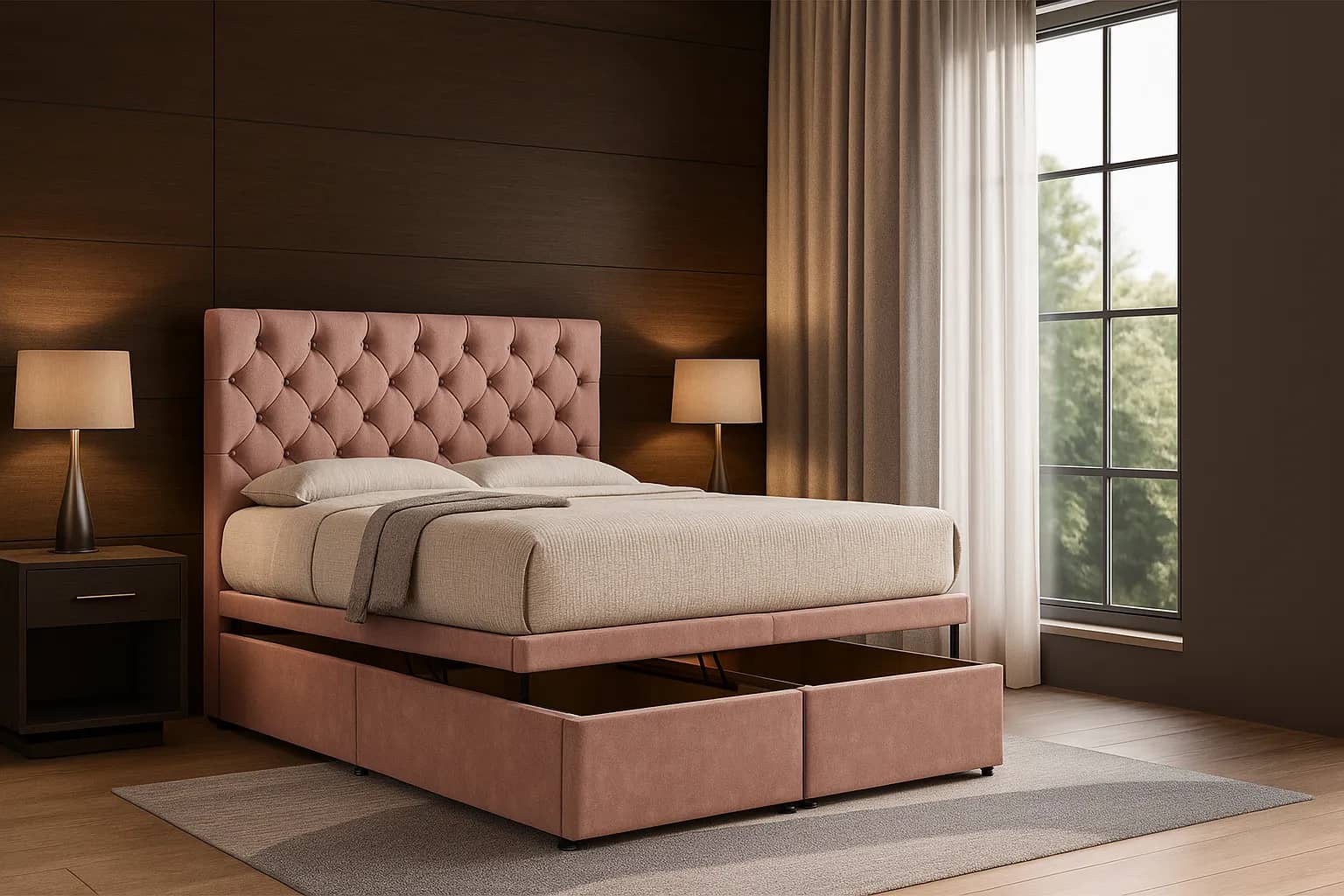 Olvaro ottoman bed lifted open to show storage