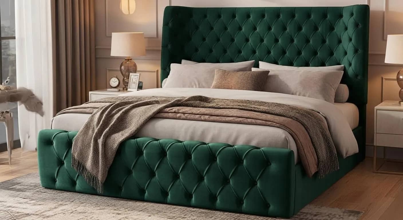 Serenova curved bed in green velvet