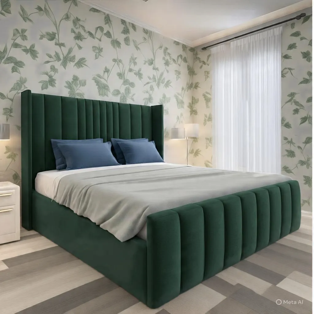Velare bed in green velvet with a winged headboard