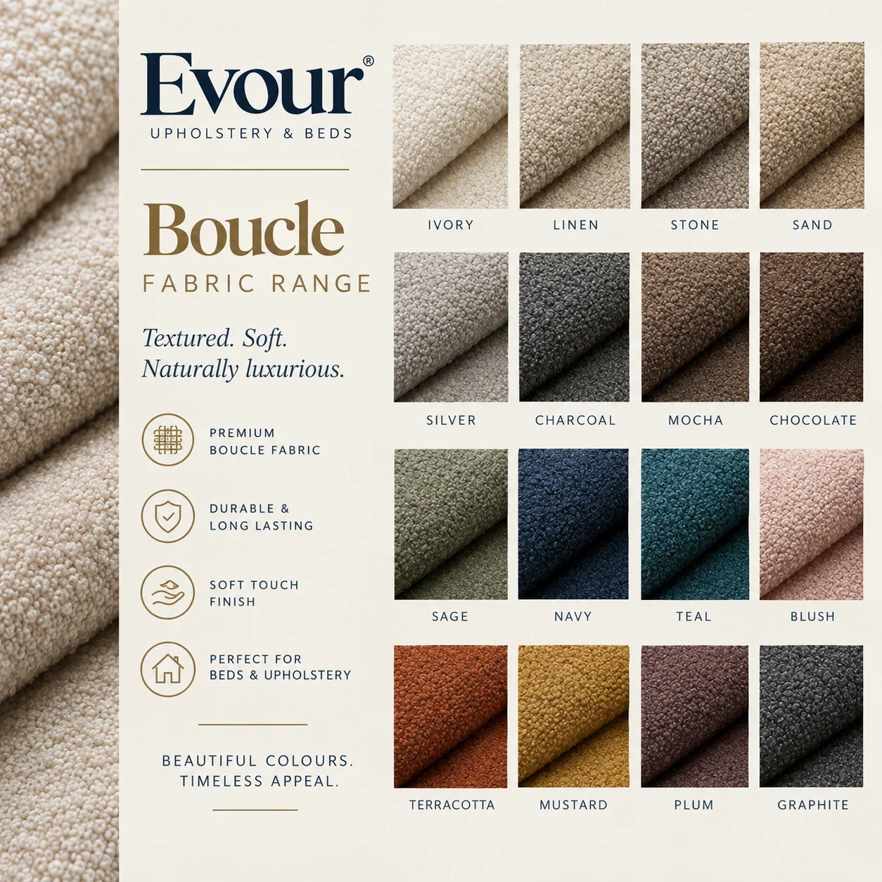 Bouclé fabric range — colour chart