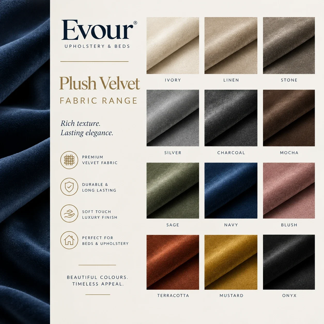 Plush Velvet fabric range — colour chart