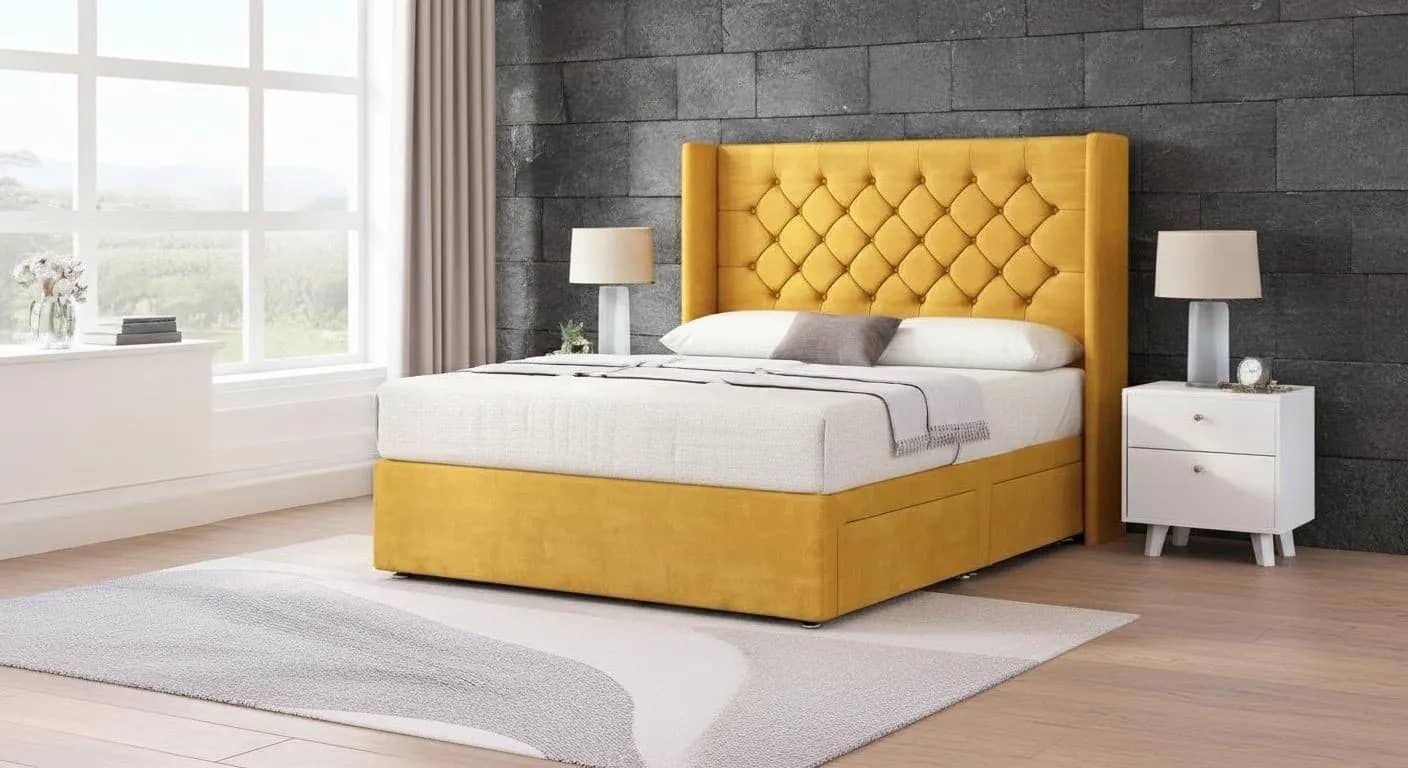 Garcia divan bed in mustard velvet with a buttoned wingback headboard
