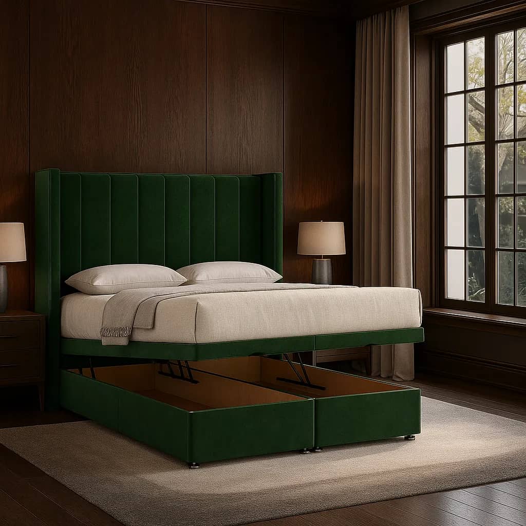 Ottoman bed lifted open to show its storage