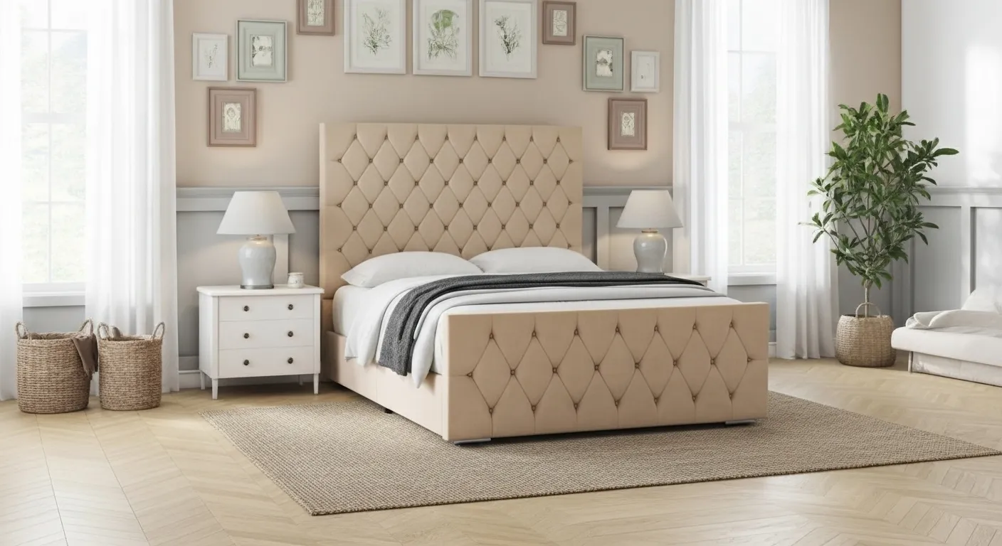 Laventa bed with a deep-buttoned beige headboard in a light bedroom