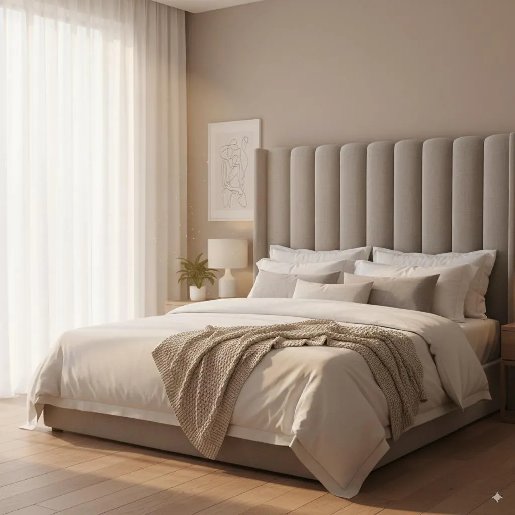 Finished upholstered bed with a tall channelled headboard